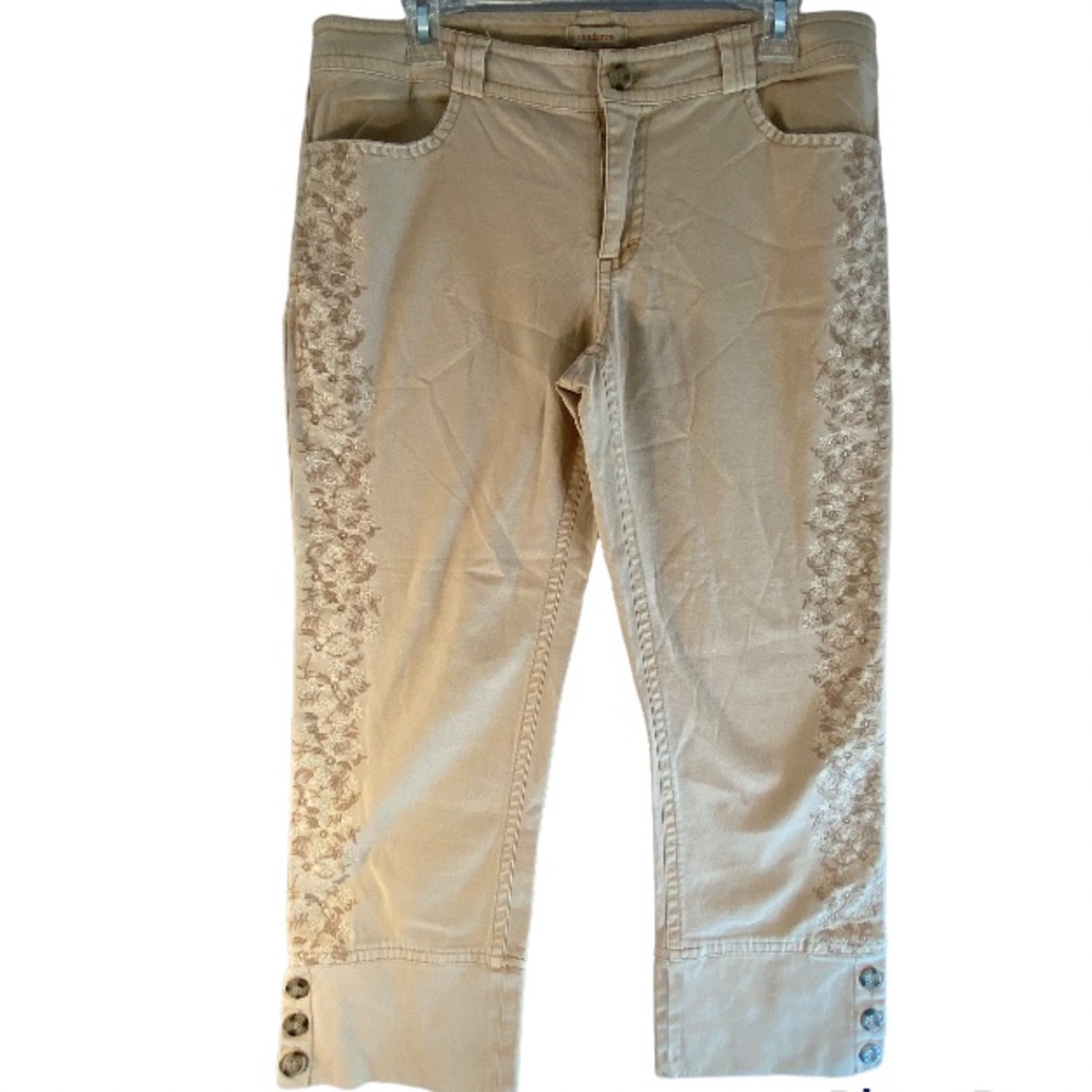 SUNDANCE EMBROIDERED CAPRI CROPPED PANTS VINTAGE KHAKI WOMENS SIZE 10